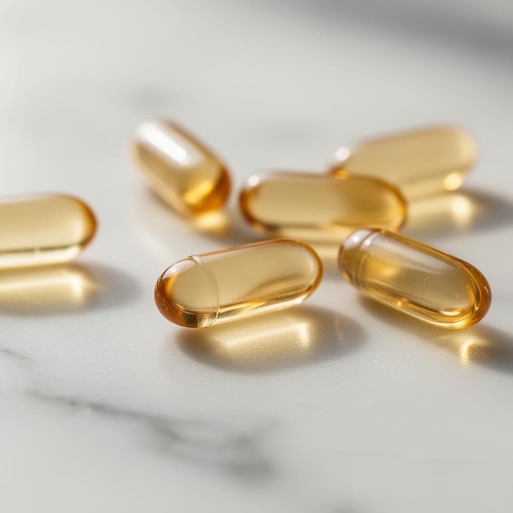 Close-up de cápsulas douradas de NAD+ Resveratrol sobre superfície clara.