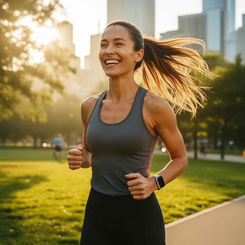 Mulher sorrindo enquanto corre ao ar livre com disposição.
